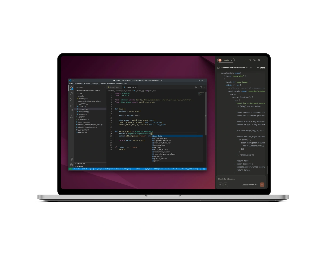 Laptop with VSCode Claude AI Sidebar